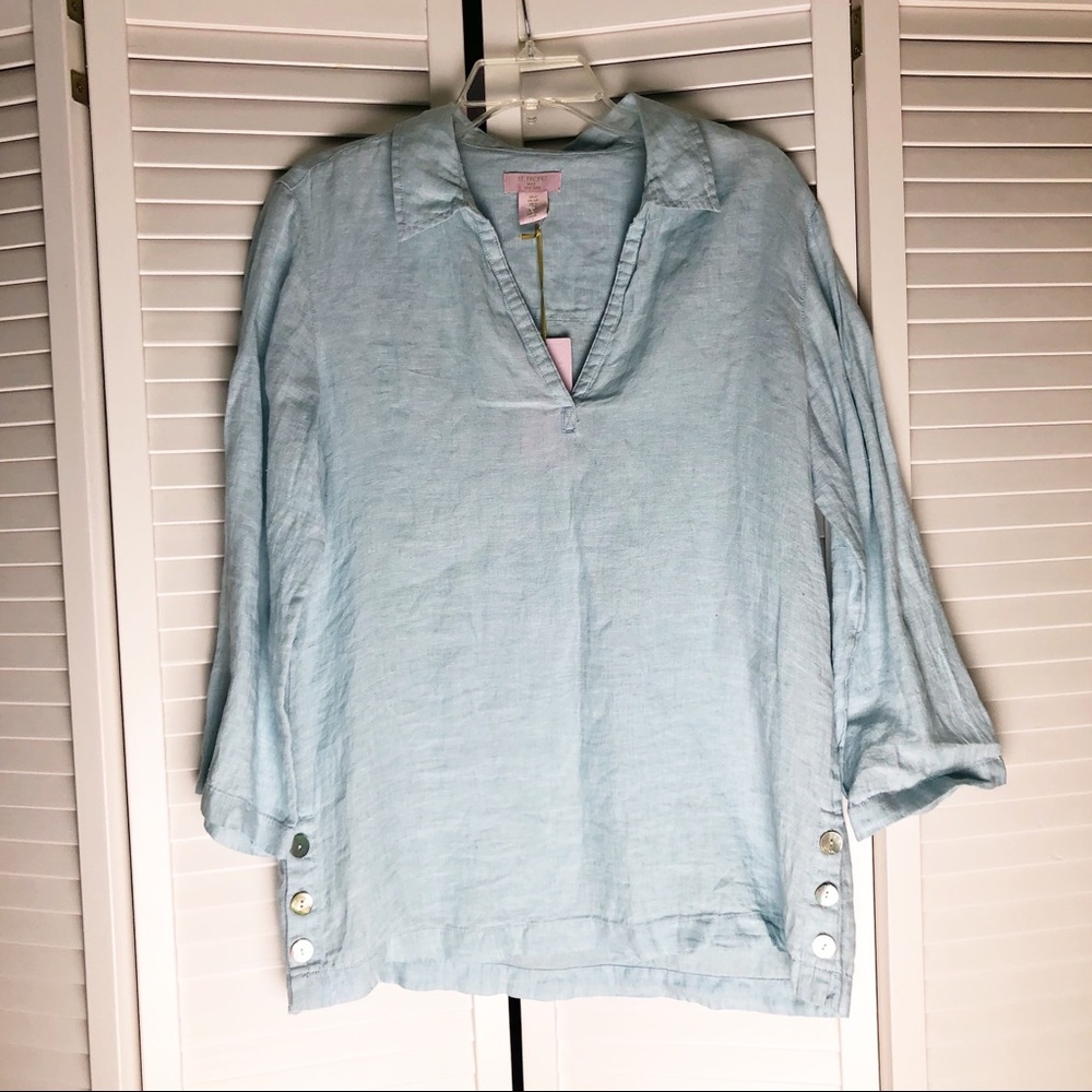 St. Tropez Linen V-Neck Tunic Beautiful Blue Color